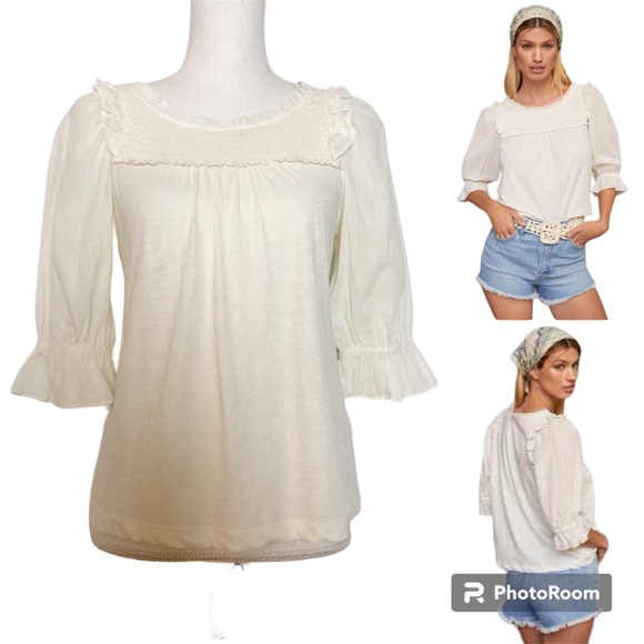NWT By Anthropologie Smocked Puff-Sleeve Knit Top in Ivory Size XS - Picture 1 of 16